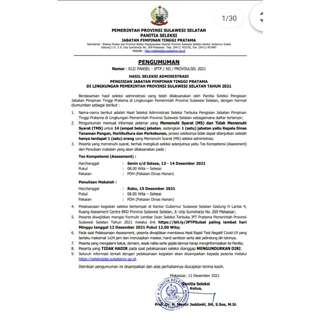 121 Peserta Seleksi Lelang Jabatan Pemprov Sulsel Memenuhi Syarat